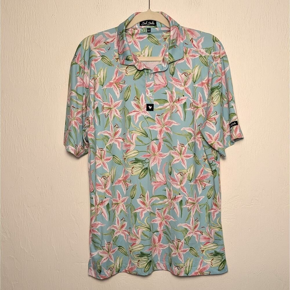 Bad Birdie Polo Mens L Blue Floral Golf Short Sleeve Collared Jersey Performance